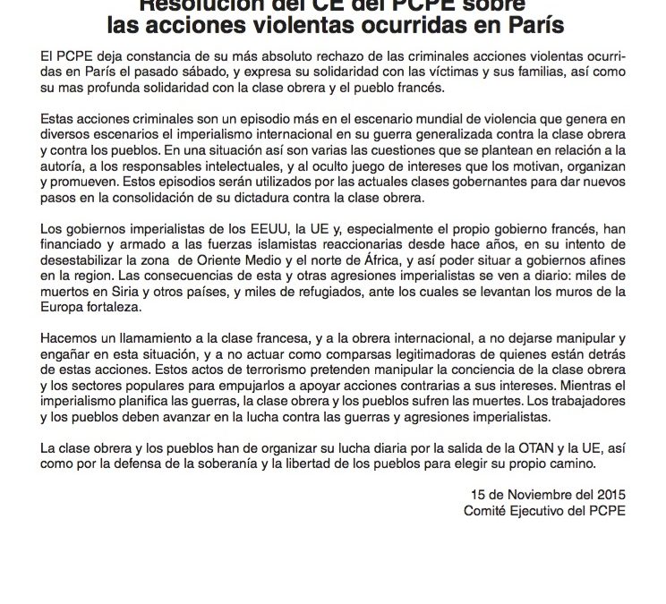 Resolución del CE del PCPE sobre   las acciones violentas ocurridas en París