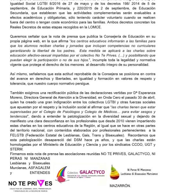 Comunicado contra la LGTBIfobia de la Consejera de Educación