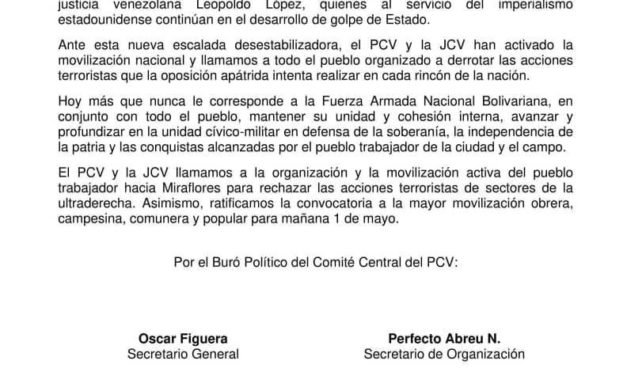 Comunicado del PCV: Aplastar la conspiración desestabilizadora de la ultraderecha