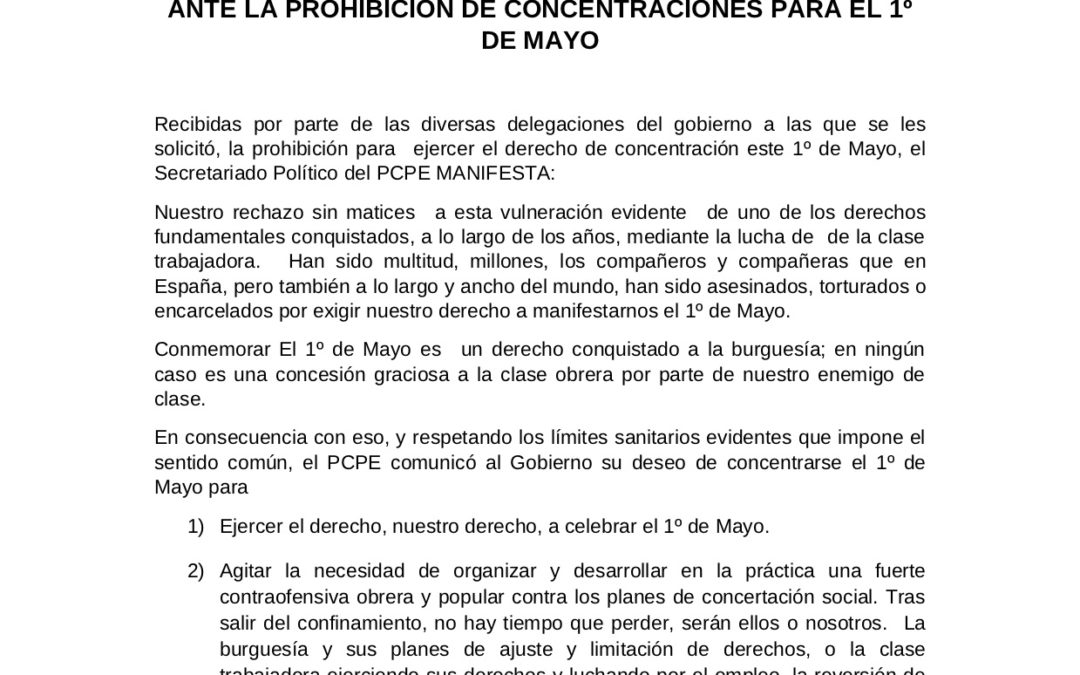 Ante la prohibición de concentraciones para el 1º de Mayo