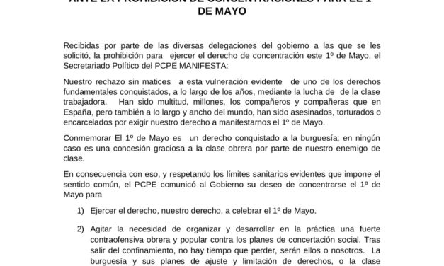 Ante la prohibición de concentraciones para el 1º de Mayo