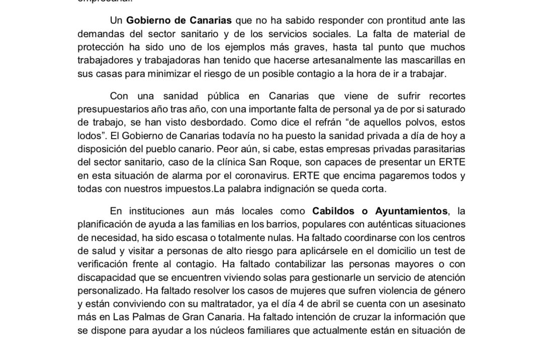 Comunicado del Comité Insular de Gran Canaria ante la crisis  sanitaria por la pandemia coronavirus