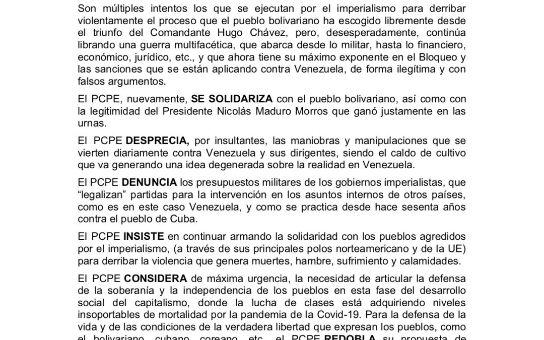 Comunicado del PCPE condenando la incursión mercenaria en Venezuela bolivariana