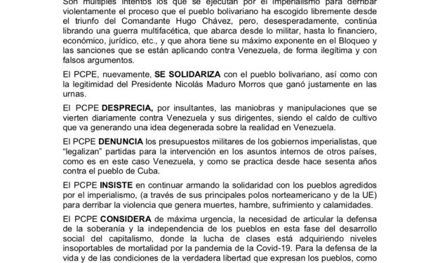 Comunicado del PCPE condenando la incursión mercenaria en Venezuela bolivariana