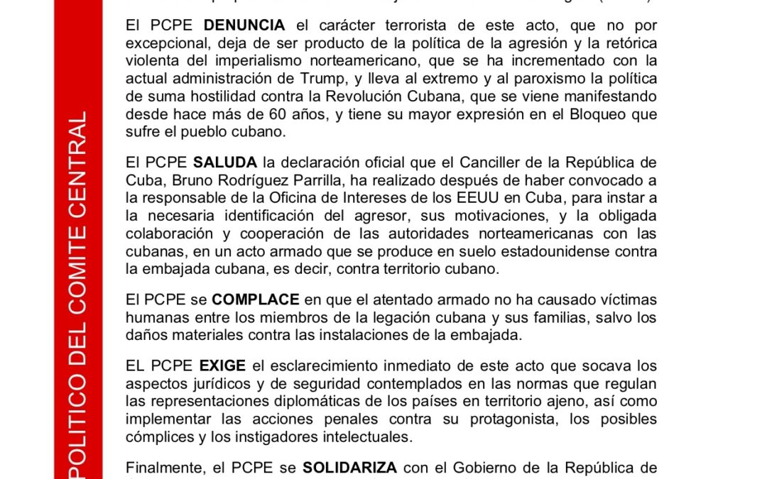 Comunicado del PCPE sobre el atentado contra la embajada cubana en Washington