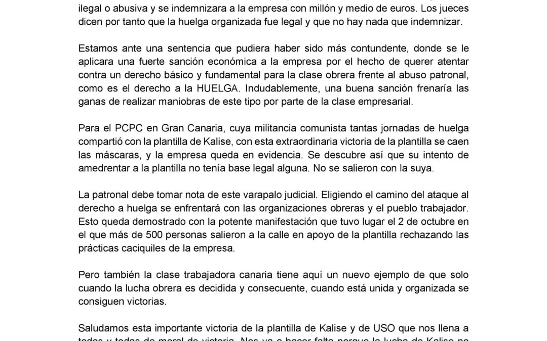 [Canarias] El PCPC celebra una nueva victoria de la  plantilla de Kalise frente a su empresa