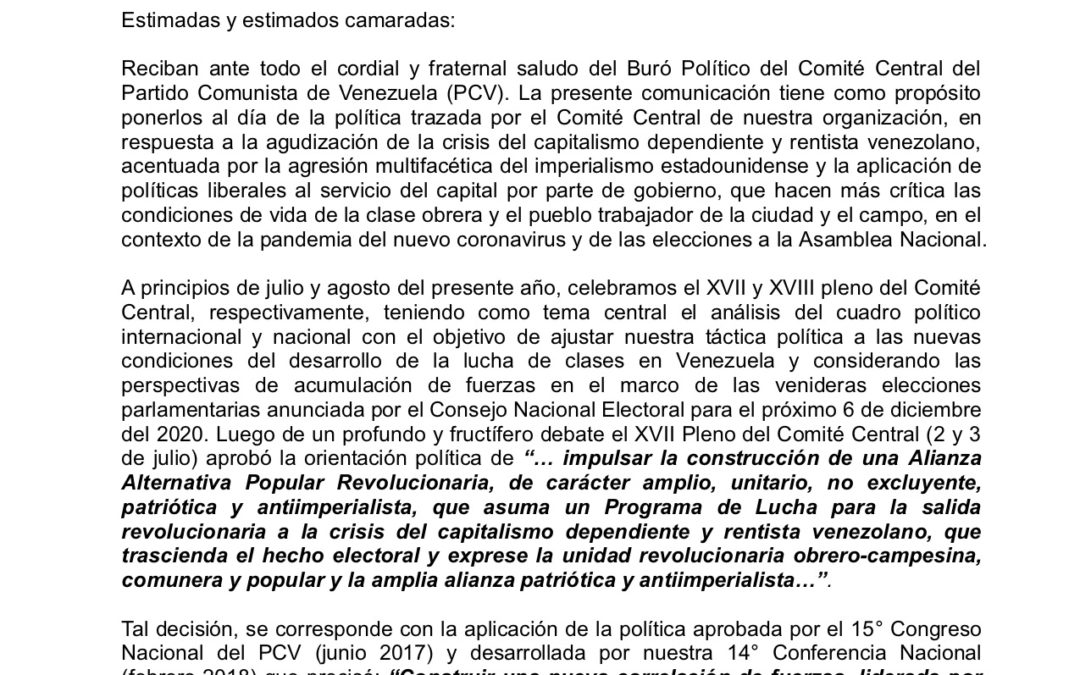 Carta del PCV a los Partidos Comunistas y Obreros del Mundo