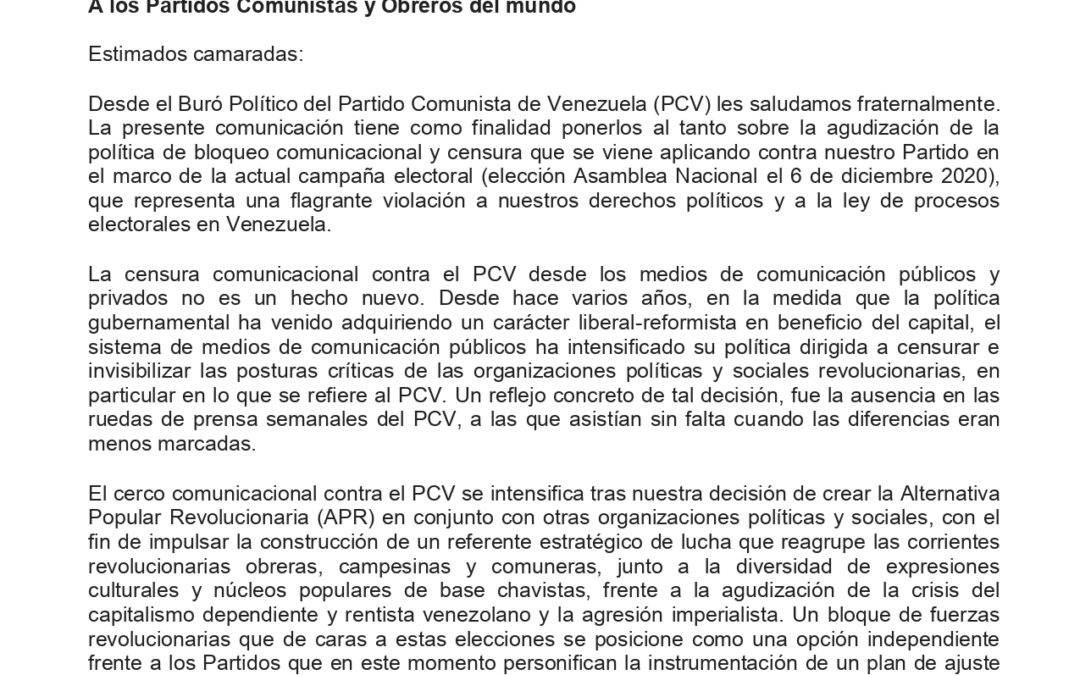 Solidaridad del PCPE con el PCV y la APR