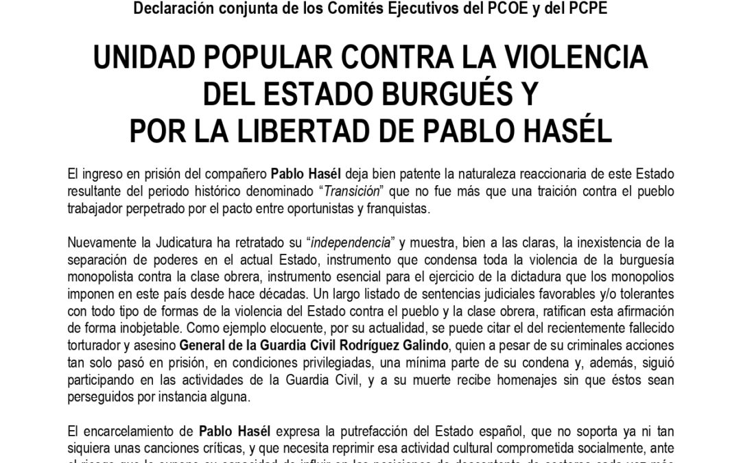 Unidad popular contra la violencia del estado burgués y por la libertad de Pablo Hasél