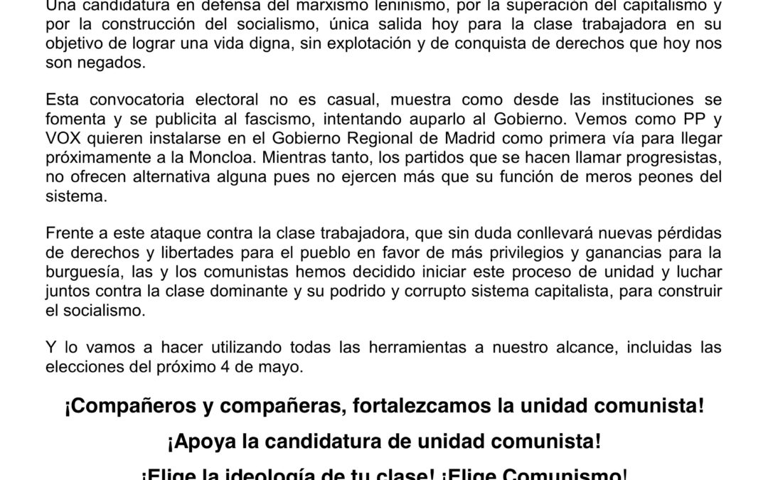 Una candidatura de unidad comunista en las elecciones a la Asamblea de Madrid del 4 de Mayo