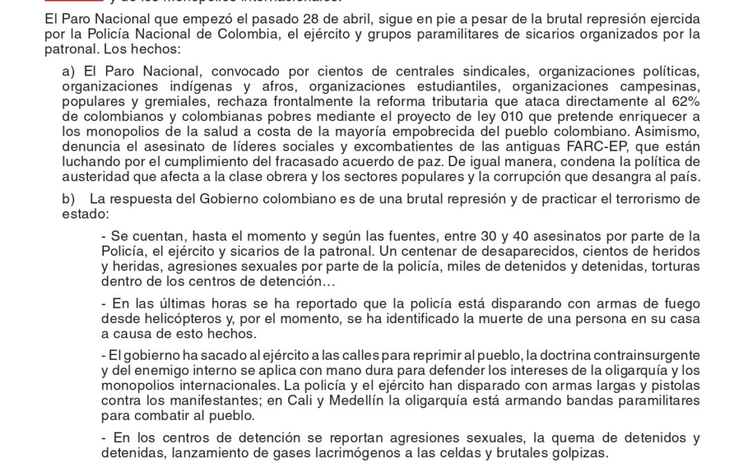 Ante los graves hechos de represión contra el pueblo colombiano