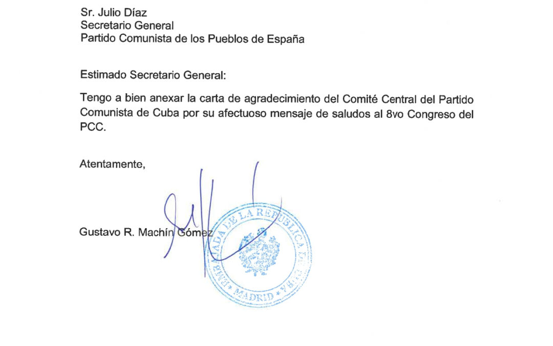 Comunicado del CC del PCC agradeciendo el saludo a su congreso