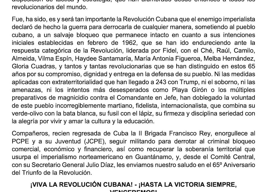 Saludo al Partido Comunista de Cuba
