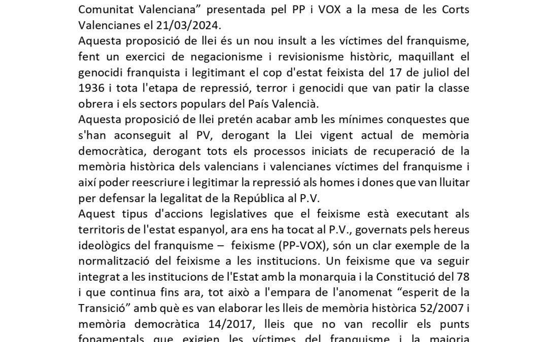 [País Valencià] Declaració del comité de PV davant la proposició de llei de concòrdia de la Comunitat Valenciana