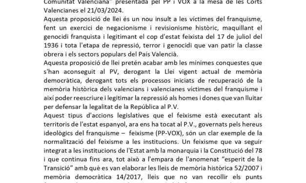 [País Valencià] Declaració del comité de PV davant la proposició de llei de concòrdia de la Comunitat Valenciana