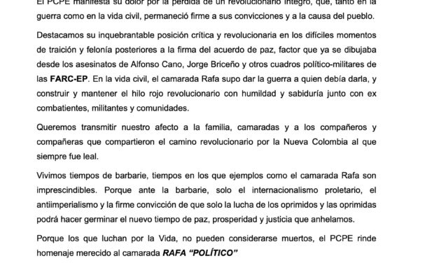 Condolencias del PCPE a FARC-EP